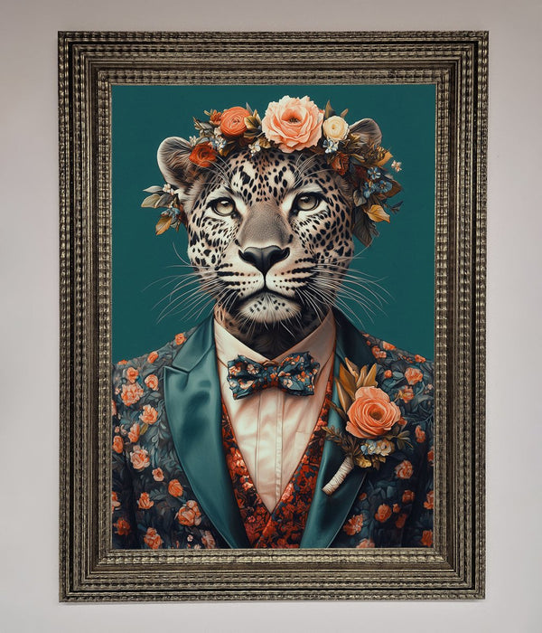 Leopard In a Suit With Flowers Framed Print - Hi Society