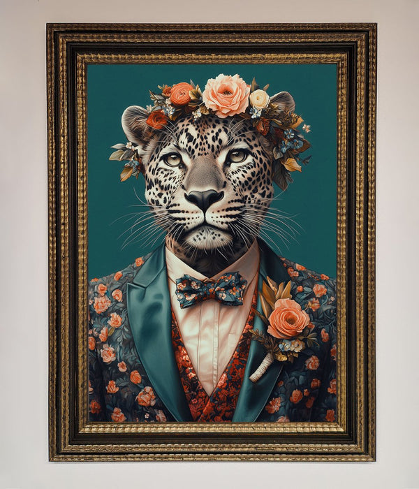 Leopard In a Suit With Flowers Framed Print - Hi Society