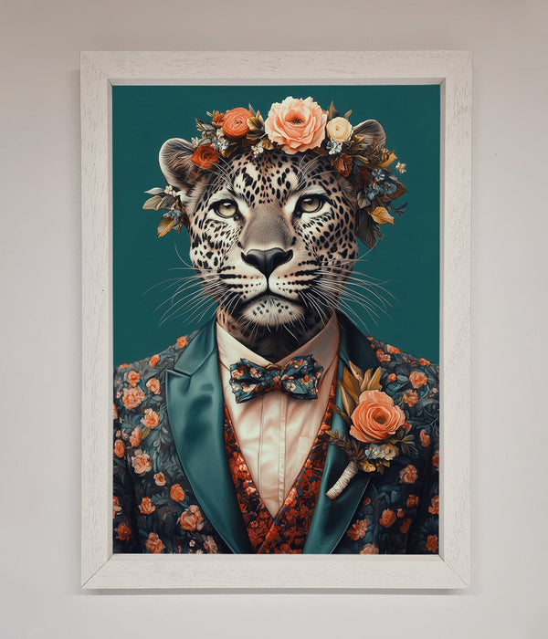 Leopard In a Suit With Flowers Framed Print - Hi Society