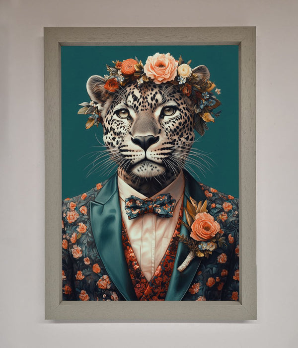 Leopard In a Suit With Flowers Framed Print - Hi Society