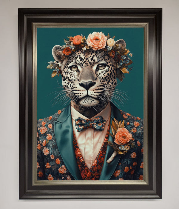 Leopard In a Suit With Flowers Framed Print - Hi Society