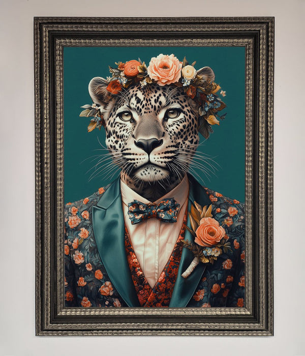 Leopard In a Suit With Flowers Framed Print - Hi Society