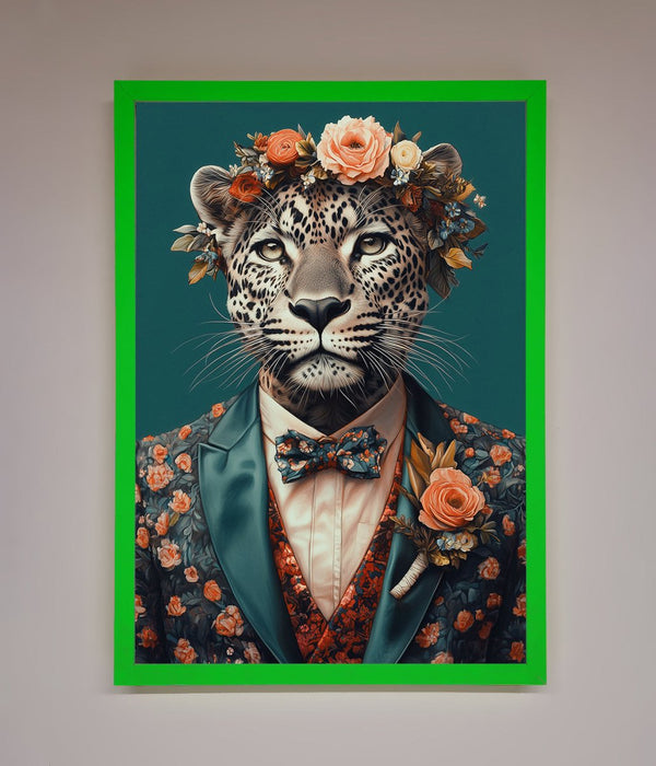 Leopard In a Suit With Flowers Framed Print - Hi Society