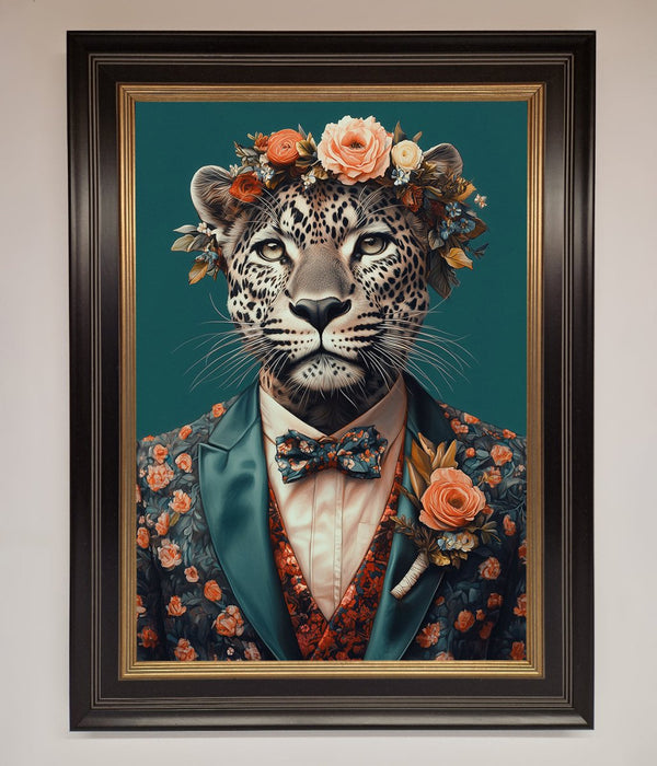 Leopard In a Suit With Flowers Framed Print - Hi Society