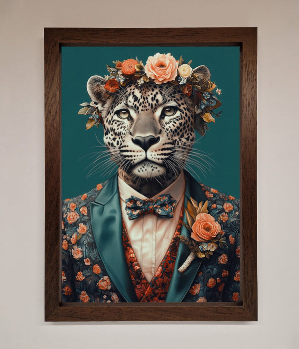 Leopard In a Suit With Flowers Framed Print - Hi Society