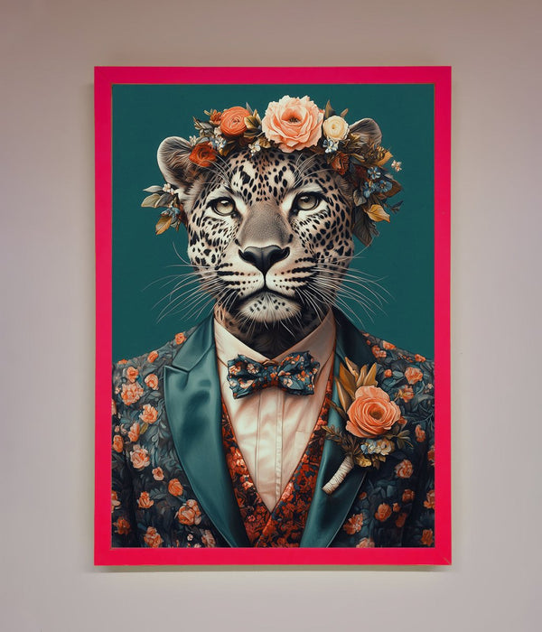 Leopard In a Suit With Flowers Framed Print - Hi Society