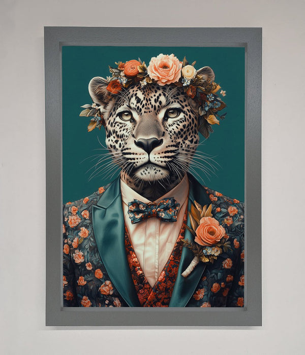 Leopard In a Suit With Flowers Framed Print - Hi Society