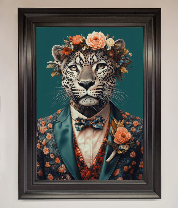 Leopard In a Suit With Flowers Framed Print - Hi Society
