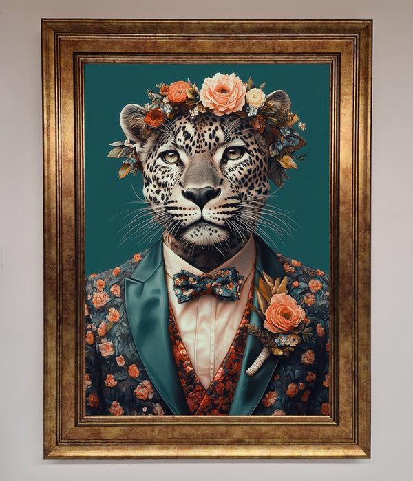 Leopard In a Suit With Flowers Framed Print - Hi Society