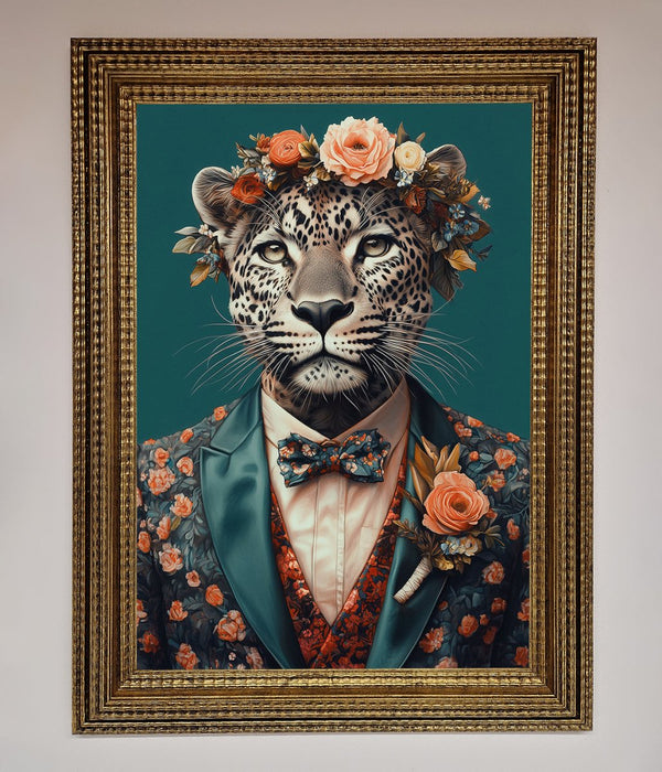 Leopard In a Suit With Flowers Framed Print - Hi Society