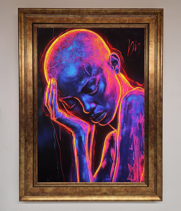 Neon Woman Hands In Head Framed Print - Hi Society