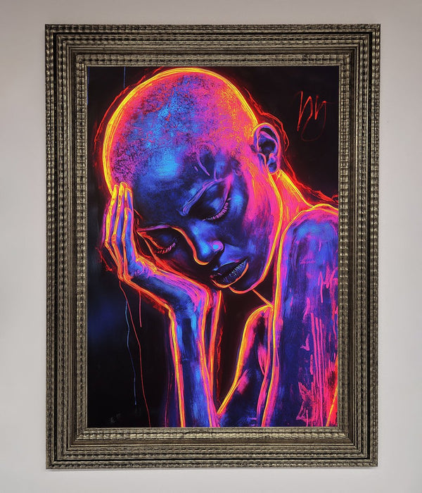 Neon Woman Hands In Head Framed Print - Hi Society
