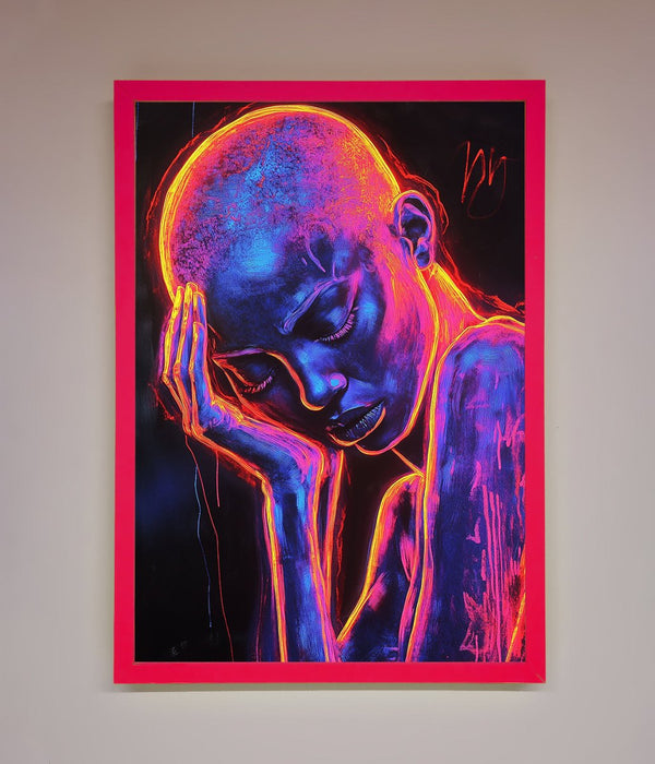 Neon Woman Hands In Head Framed Print - Hi Society