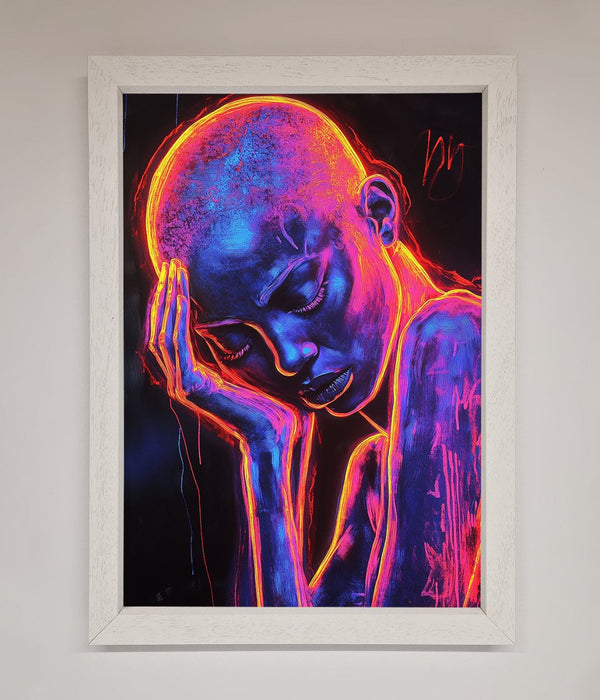 Neon Woman Hands In Head Framed Print - Hi Society