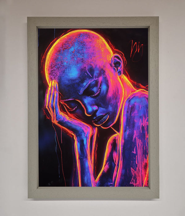 Neon Woman Hands In Head Framed Print - Hi Society
