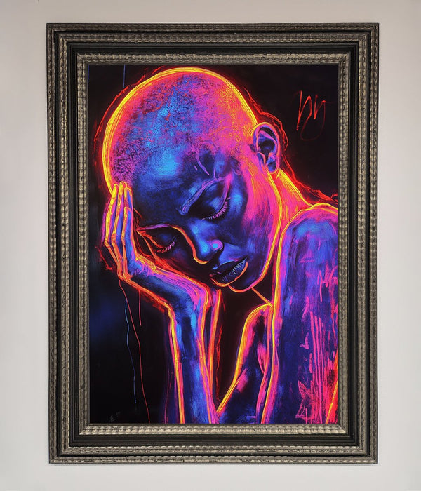Neon Woman Hands In Head Framed Print - Hi Society