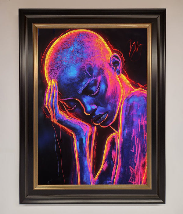 Neon Woman Hands In Head Framed Print - Hi Society