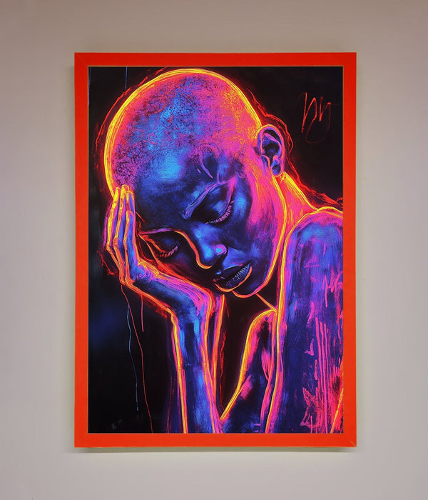 Neon Woman Hands In Head Framed Print - Hi Society