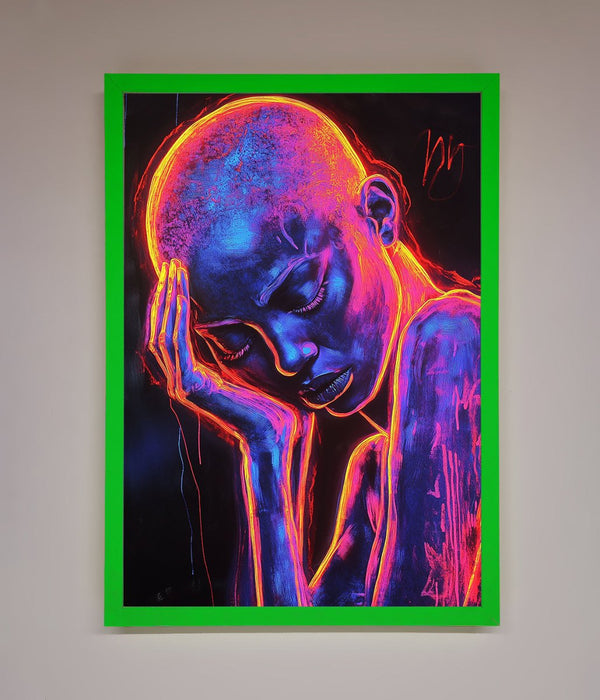 Neon Woman Hands In Head Framed Print - Hi Society