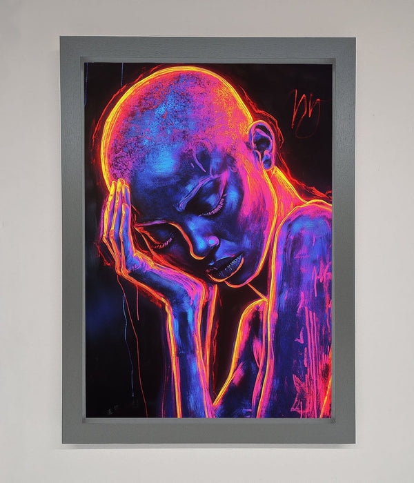 Neon Woman Hands In Head Framed Print - Hi Society