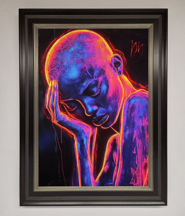 Neon Woman Hands In Head Framed Print - Hi Society