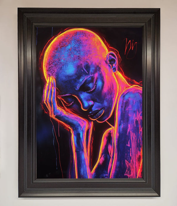 Neon Woman Hands In Head Framed Print - Hi Society