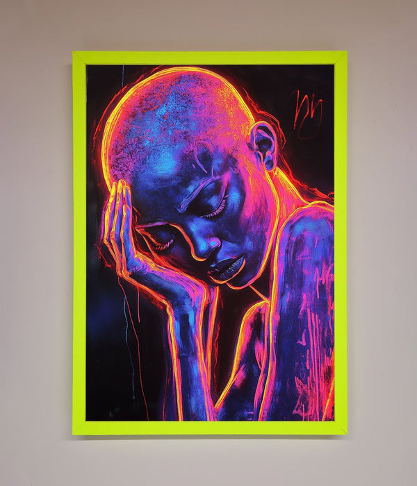 Neon Woman Hands In Head Framed Print - Hi Society