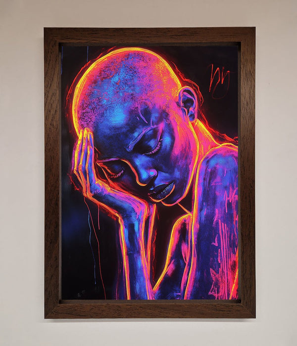 Neon Woman Hands In Head Framed Print - Hi Society