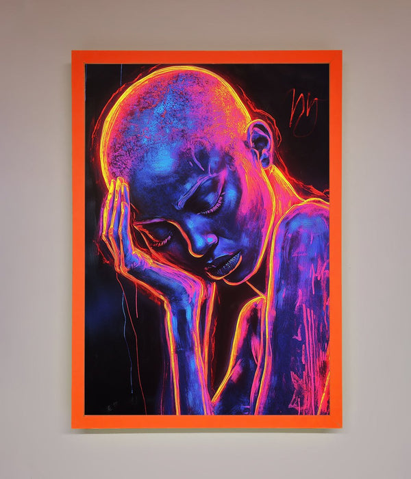 Neon Woman Hands In Head Framed Print - Hi Society