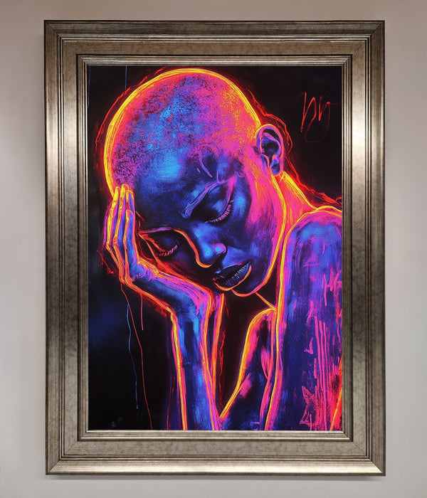 Neon Woman Hands In Head Framed Print - Hi Society
