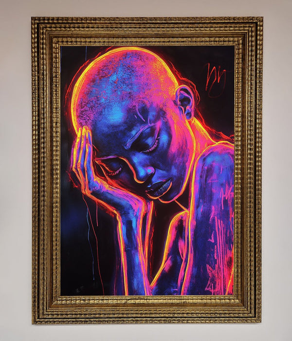 Neon Woman Hands In Head Framed Print - Hi Society
