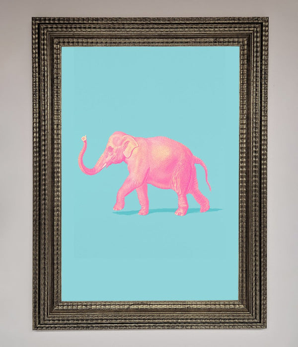 Pink Elephant On Blue Framed Print - Hi Society