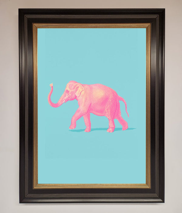 Pink Elephant On Blue Framed Print - Hi Society