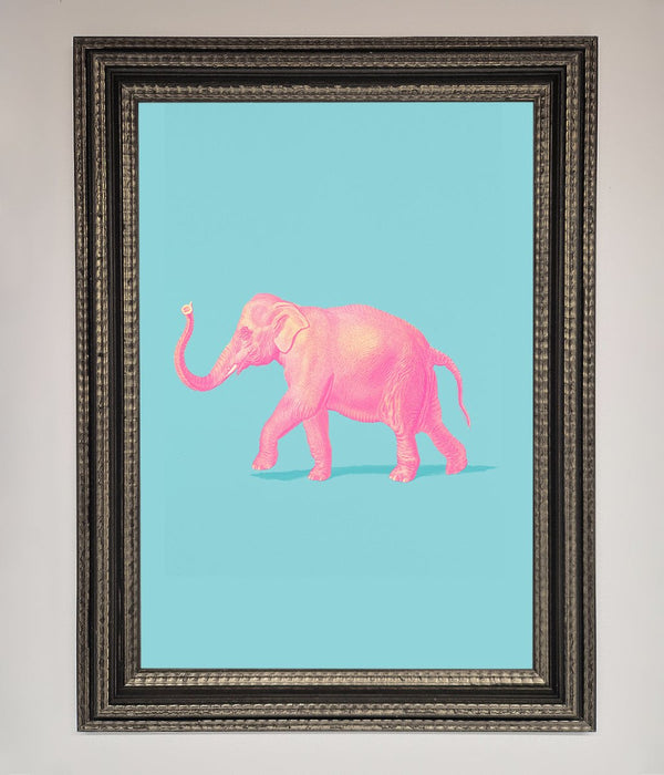 Pink Elephant On Blue Framed Print - Hi Society