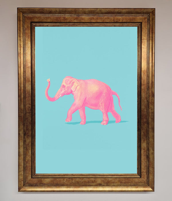 Pink Elephant On Blue Framed Print - Hi Society