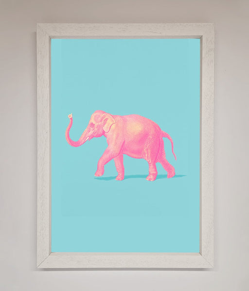 Pink Elephant On Blue Framed Print - Hi Society