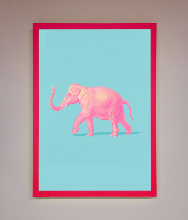 Pink Elephant On Blue Framed Print - Hi Society
