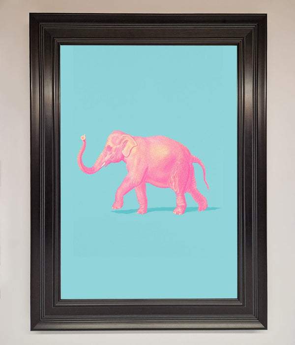 Pink Elephant On Blue Framed Print - Hi Society