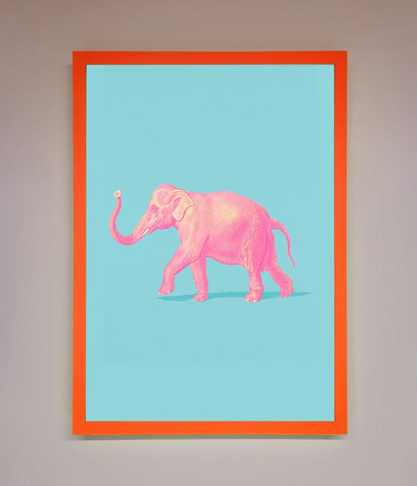 Pink Elephant On Blue Framed Print - Hi Society