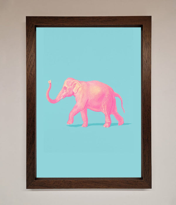 Pink Elephant On Blue Framed Print - Hi Society