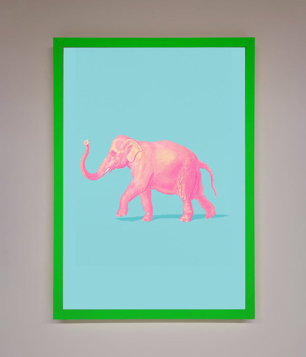 Pink Elephant On Blue Framed Print - Hi Society