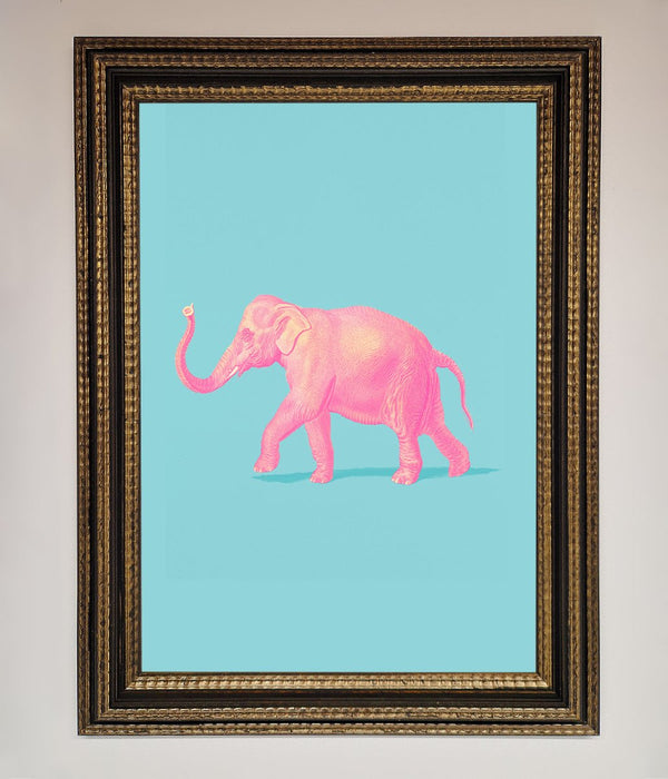 Pink Elephant On Blue Framed Print - Hi Society