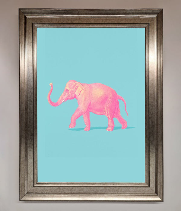Pink Elephant On Blue Framed Print - Hi Society
