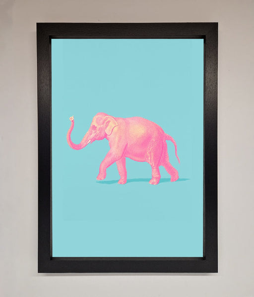 Pink Elephant On Blue Framed Print - Hi Society