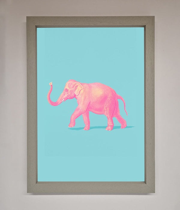 Pink Elephant On Blue Framed Print - Hi Society