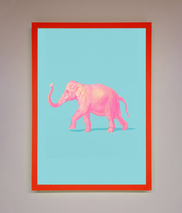 Pink Elephant On Blue Framed Print - Hi Society