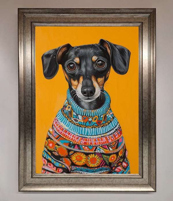 Sausage Dog In A Sweater Framed Print - Hi Society