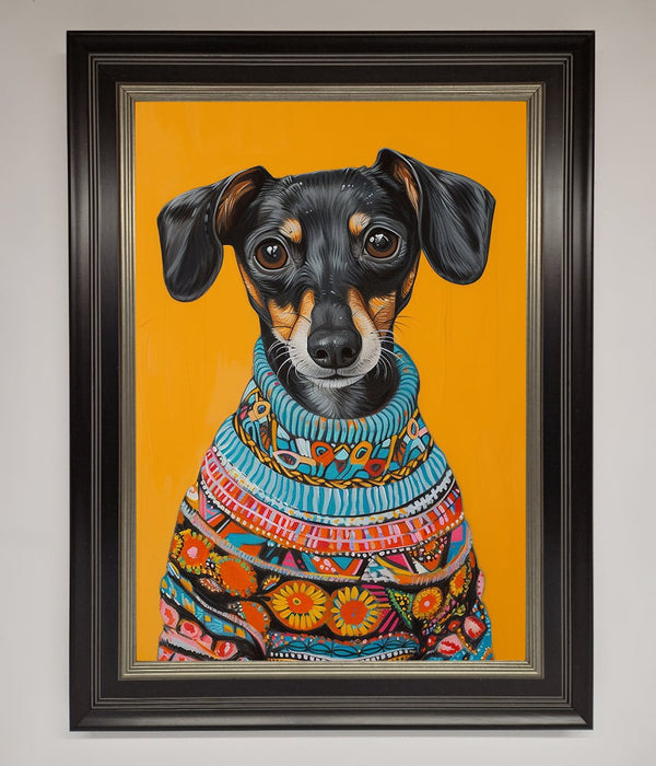 Sausage Dog In A Sweater Framed Print - Hi Society