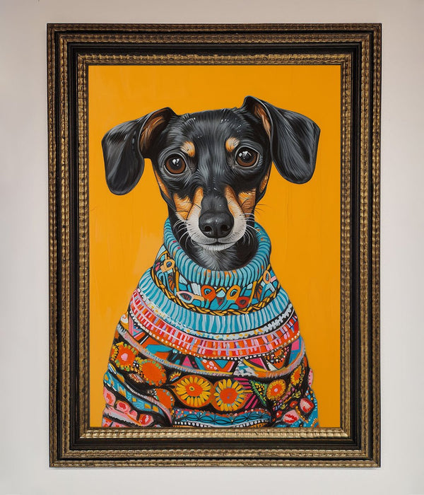 Sausage Dog In A Sweater Framed Print - Hi Society