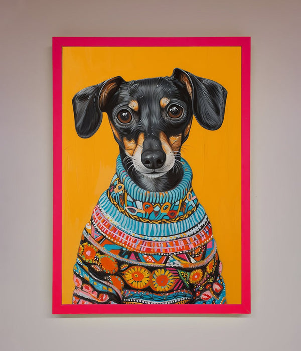 Sausage Dog In A Sweater Framed Print - Hi Society